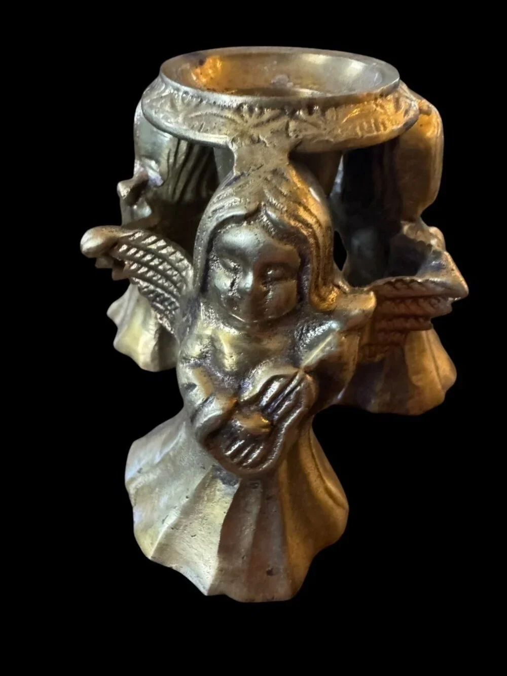Vintage Brass Angel Trio Candle Holder 4 Inches Tall Ornate Design Rustic Cherub